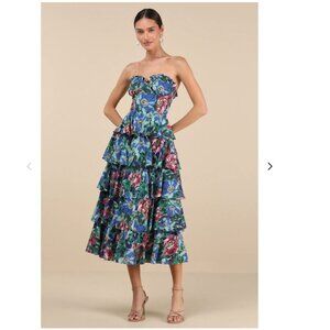 Lulus Nayha Blue Multi Floral Strapless Tiered Midi Dress - Size S